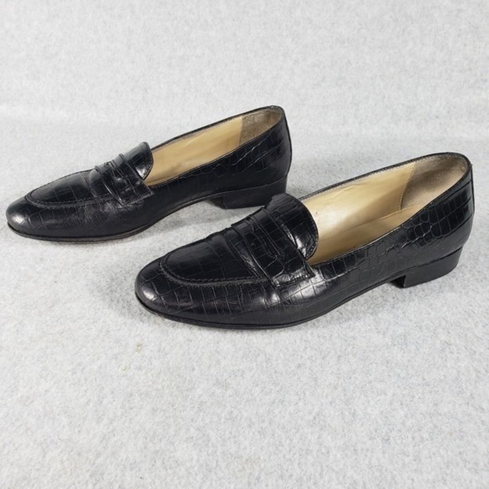 Talbots Womens Loafers Size 9 Black Croc Embossed Leather Stacked Heel Flats‎